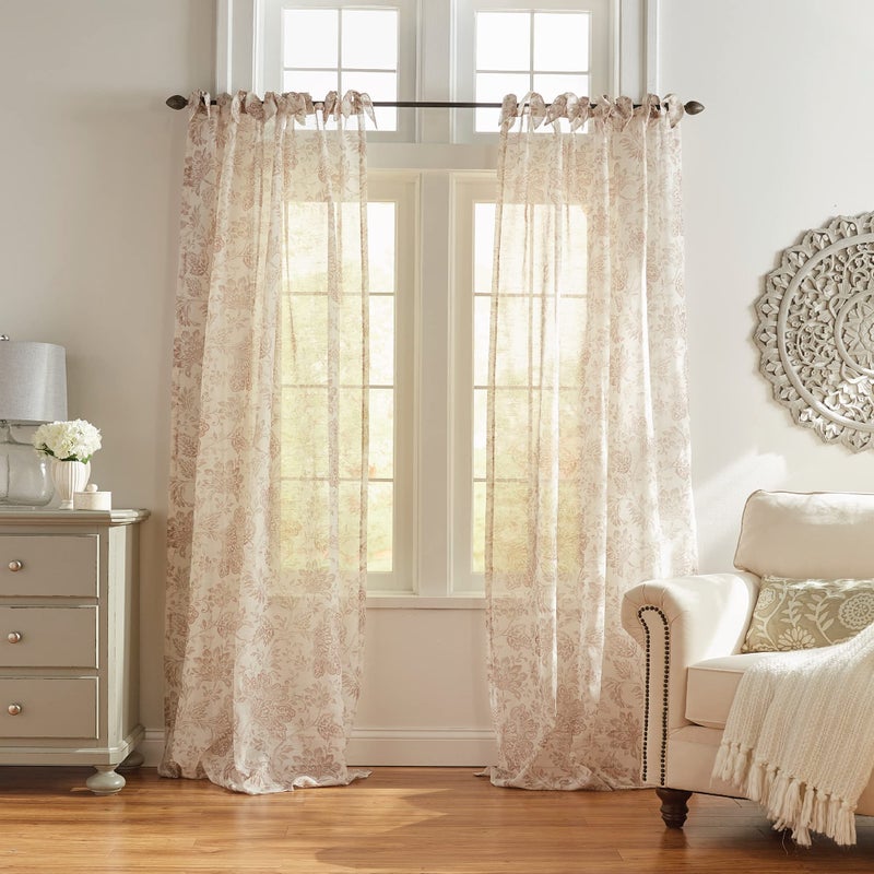 Elrene Home Fashions Westport Floral Tie-Top Sheer Window Curtain Panel, 52" x 84" (1), Flax - Image 1